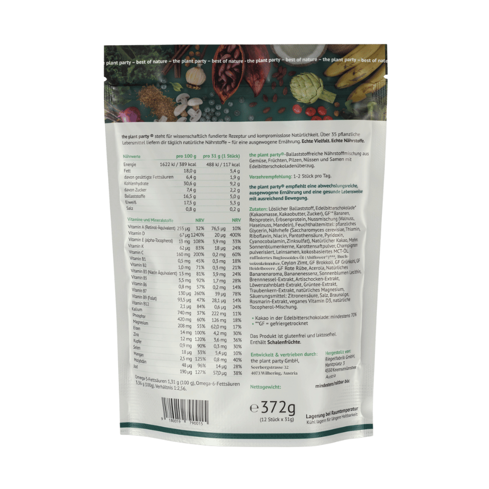 the plant party®: 35+ pflanzliche Lebensmittel in dunkler Schokolade - ABO (24 Stück)